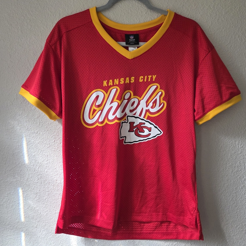 Kansas City Chiefs Fashion Jersey Short Sleeve V Neck Shirt Girls Sz Large 11/13
